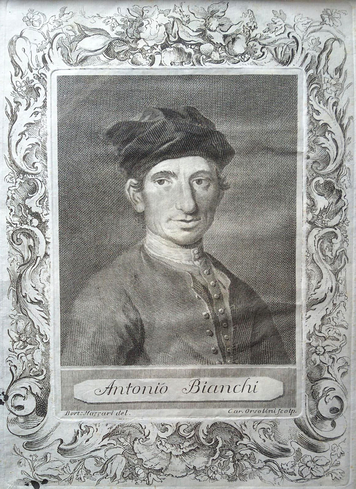 Carlo Orsolini da Bartolomeo Nazari, Ritratto del poeta gondoliere Antonio Bianchi, 1751, incisione